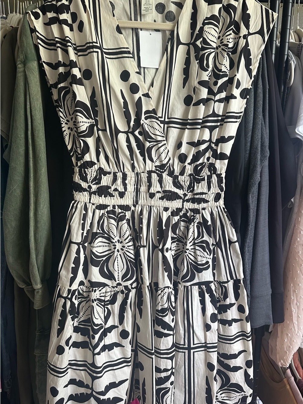 H&M Black and White Floral Print V-Neck Sundress